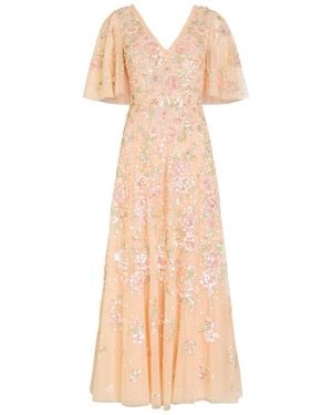 Needle & Thread Sequin Bouquet Embellished Cape-Effect Tulle Gown - Natural