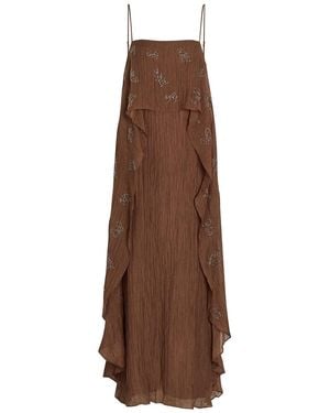 STAUD Valencia Bead-Embellished Crinkled Plissé Midi Dress - Brown