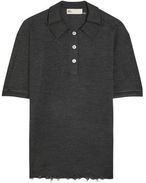 Tory Burch Distressed Silk-Blend Polo Top - Black