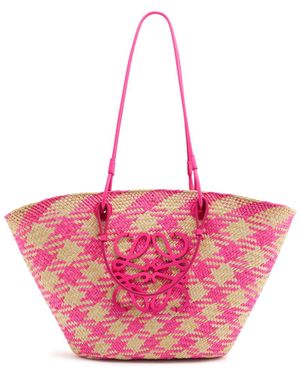 Loewe X Paula's Ibiza Medium Checked Raffia Basket Bag - Pink