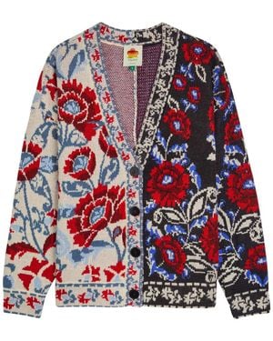 FARM Rio Mixed Valentina Floral-Jacquard Knit Cardigan - Red