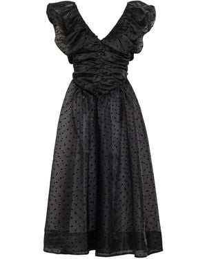 Ganni Polka-Dot Ruched Organza Midi Dress - Black