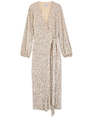 Never Fully Dressed Kira Sequin-Embellished Midi Wrap Dress - Natural