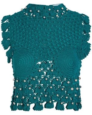 Rabanne Bead-Embellished Crochet Cotton Crop Top - Green