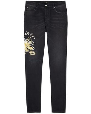 Amiri Dragon Repair Embroidered Slim-Leg Jeans - Blue