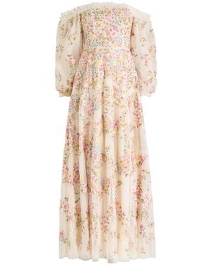 Needle & Thread Lunaria Wreath Floral-Embroidered Tulle Gown - Natural