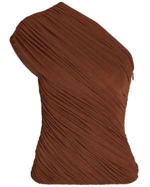 Ronny Kobo Camina Asymmetric Ruched Stretch-Mesh Top - Brown
