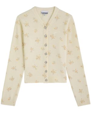 Ganni Floral-Printed Wool-Blend Cardigan - Natural