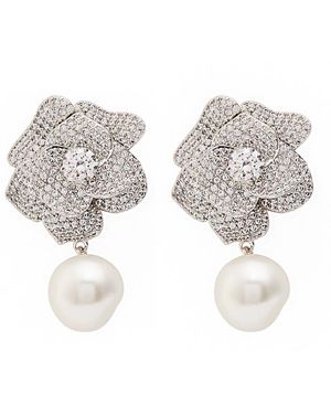Self-Portrait Crystal-Embellished Flower-Plated Drop Earrings - White