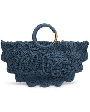 Chloé Bracelet Paravent Logo Raffia Tote - Blue