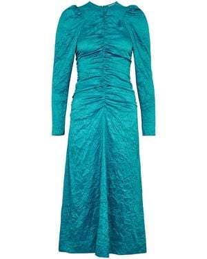Ganni Crinkled Ruched Satin Midi Dress - Blue