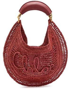 Chloé Summer Banana Logo Raffia Shoulder Bag - Red