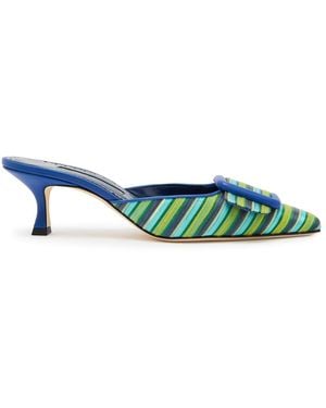 Manolo Blahnik Maysalebi 50 Striped Cotton And Leather Mules - Blue