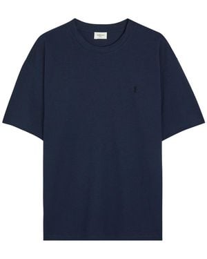 Saint Laurent Logo-Embroidered Piqué Cotton-Blend T-Shirt - Blue