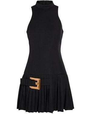 Balmain Belted Pleated Wool Mini Dress - Black