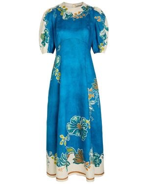 ALÉMAIS Luda Printed Linen Midi Dress - Blue