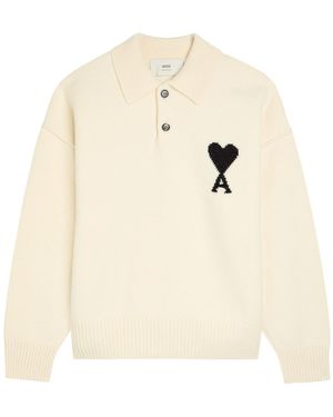 Ami Paris Logo-Intarsia Wool Polo Sweater - Natural