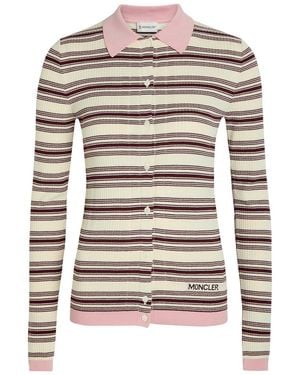 Moncler Striped Ribbed Cotton-Knit Polo Top - Natural