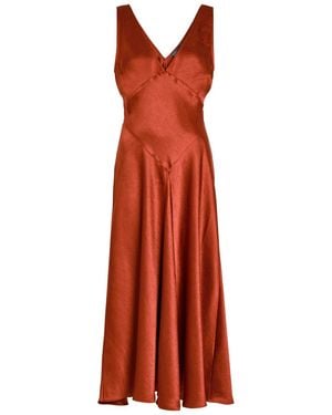 Polo Ralph Lauren V-Neck Satin Midi Cocktail Dress - Red