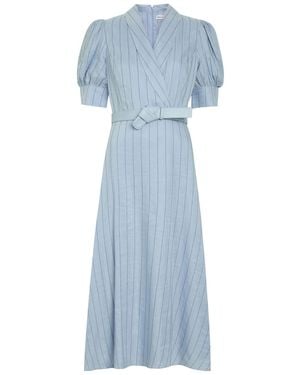 Rebecca Vallance Effie Pinstripe Belted Linen-Blend Midi Dress - Blue
