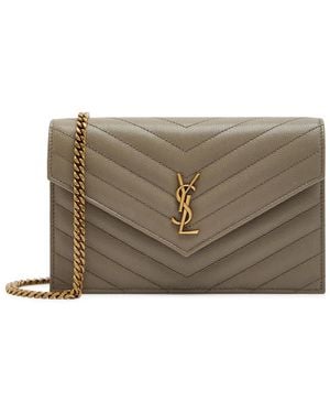Saint Laurent Envelope Pebbled Leather Wallet On Chain - Grey