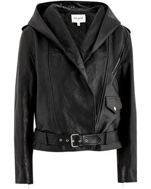 Alaïa Hooded Leather Biker Jacket - Black