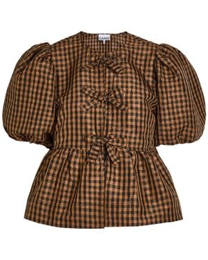 Ganni Crinkled Checked Taffeta Blouse - Brown