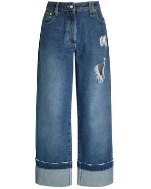 Simone Rocha Distressed Embellished Straight-Leg Jeans - Blue