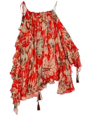 Etro Printed Ruffled Silk-Chiffon Top - Red