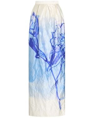 Erdem Printed Crinkled Satin Midi Skirt - Blue