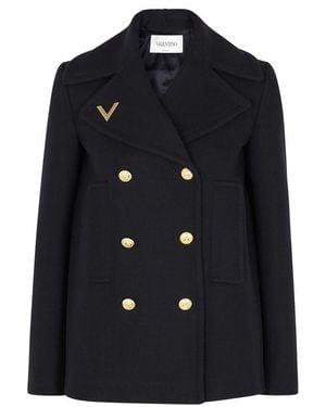 Valentino Logo Embroidered Peacoat - Blue