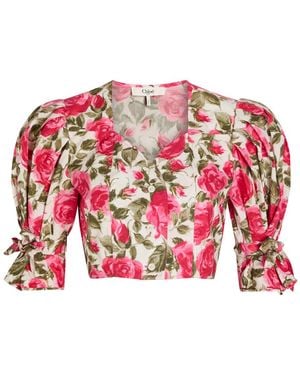 Chloé Floral-Print Cotton-Poplin Cropped Blouse - Red