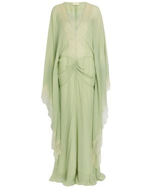 De La Vali Evita Lace-Trimmed Draped Georgette Maxi Dress - Green