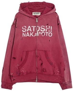 Satoshi Nakamoto Luke Printed Hooded Distressed Cotton Sweatshirt - Red