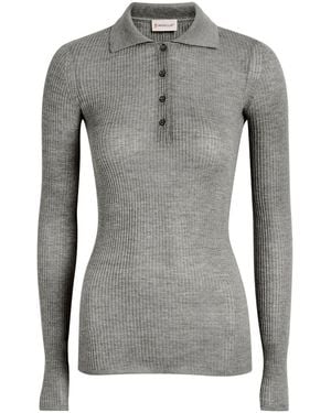 Moncler Ribbed Wool Polo Top - Grey