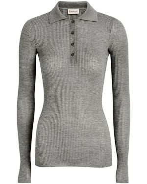 Moncler Ribbed Wool Polo Top - Grey