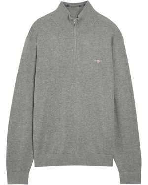 GANT Logo-Embroidered Quarter-Zip Cotton Sweater - Gray