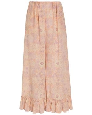 Chloé Floral-Print Frill Wide-Leg Silk Pants - Pink
