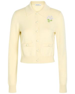 Self-Portrait Floral-Embroidered Wool Cardigan - Natural
