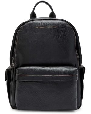 Brunello Cucinelli Logo Grained Leather Backpack - Black