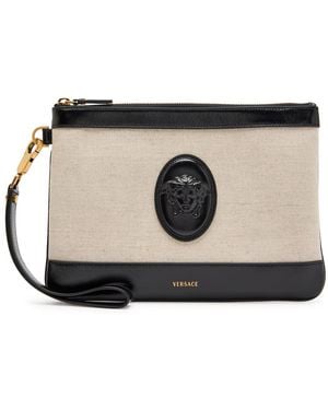 Versace Logo-Appliquéd Leather And Canvas Pouch - Black