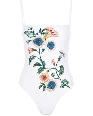 Agua Bendita Durazno Floral-Embroidered Swimsuit - White