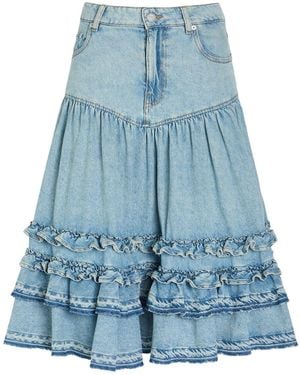 Ganni Frill Tiered Denim Midi Skirt - Blue