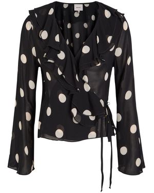 Reformation Kilah Polka Dot Silk-Georgette Wrap Blouse - Black