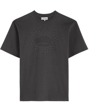 Ganni Logo Crystal-Embellished Cotton T-Shirt - Black