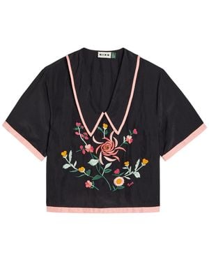 RIXO London Nicolina Floral-Embroidered Silk Top - Blue