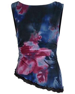 Free People Ash Floral-Print Asymmetric Chiffon Top - Blue