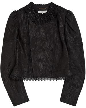 Chloé Floral-Jacquard Lace-Trim Woven Jacket - Black