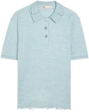 Tory Burch Distressed Silk-Blend Polo Top - Blue