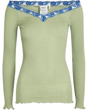Chloé Lace Trims Ribbed-Knit Cotton And Silk-Blend Top - Green